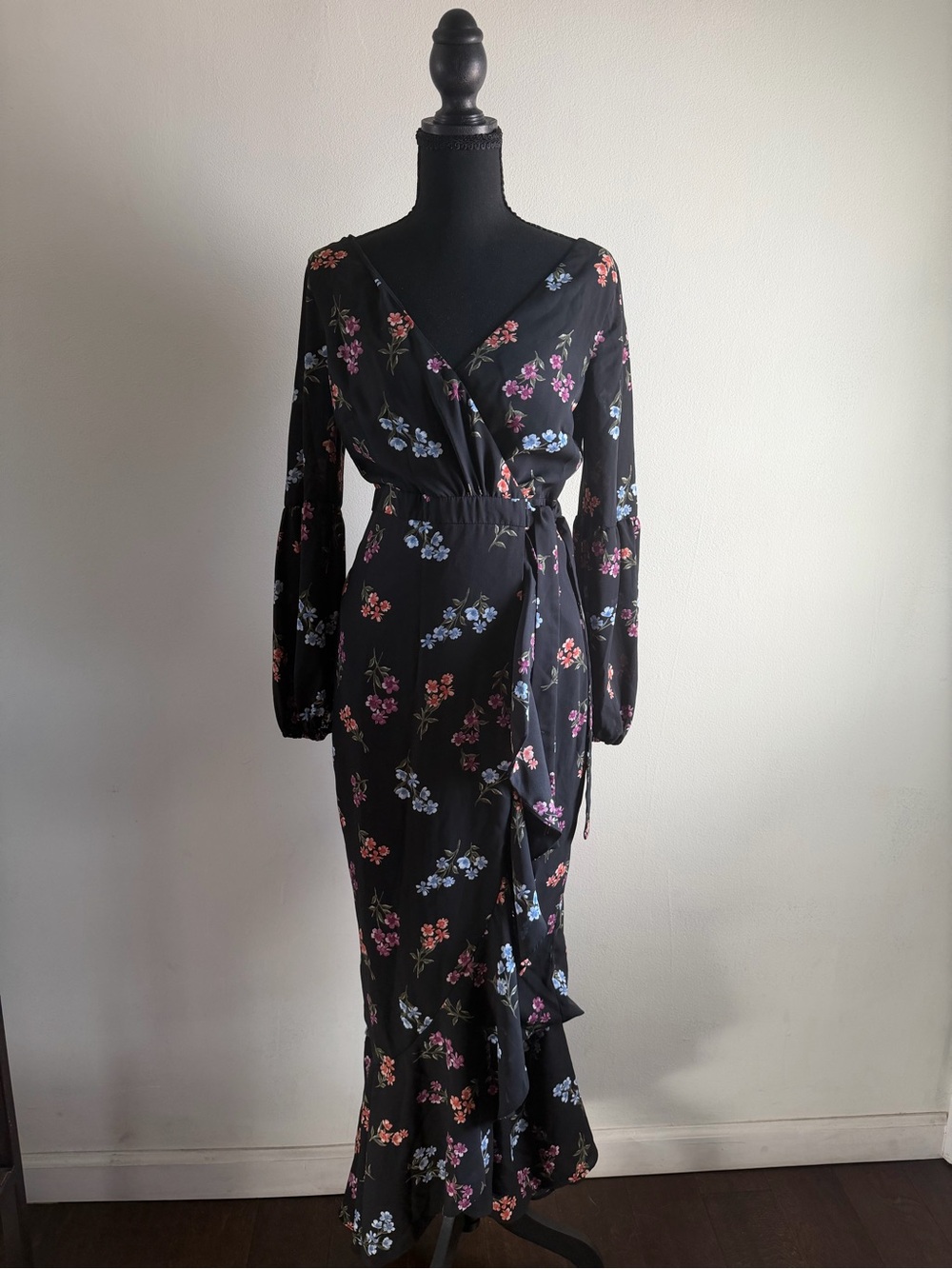 Likely Black Floral Wrap Maxi Dress with Pink and Blue Blooms